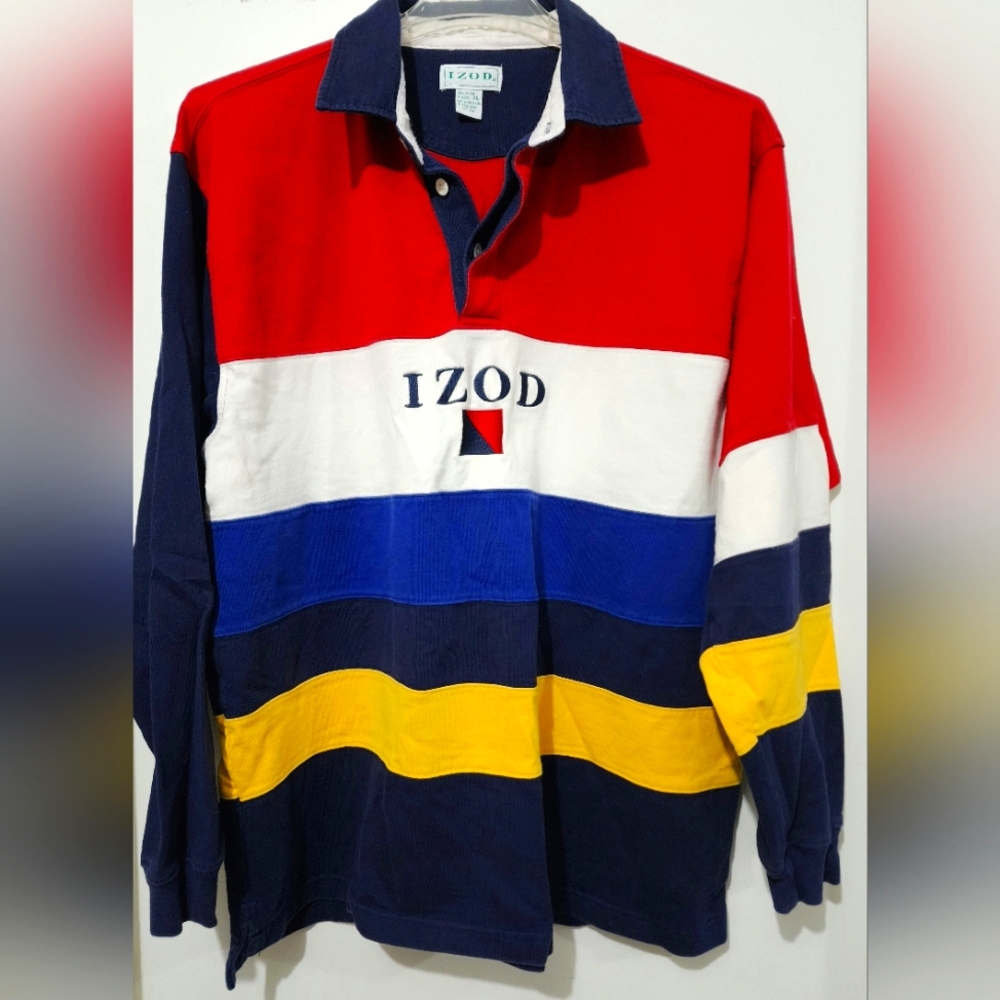 VTG IZOD Polo Mens Longsleeve Color Block  Rugby Shirt XL